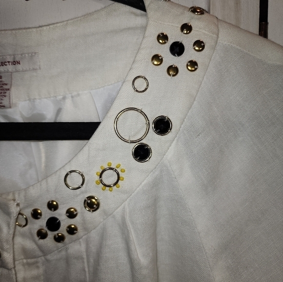 JM Collection Size 14 Linen Embellished Open Front White Short Sleeve - Picture 4 of 5